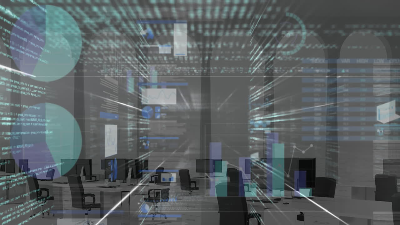 Animation of infographic interface and computer language over empty room with desktop and chairs