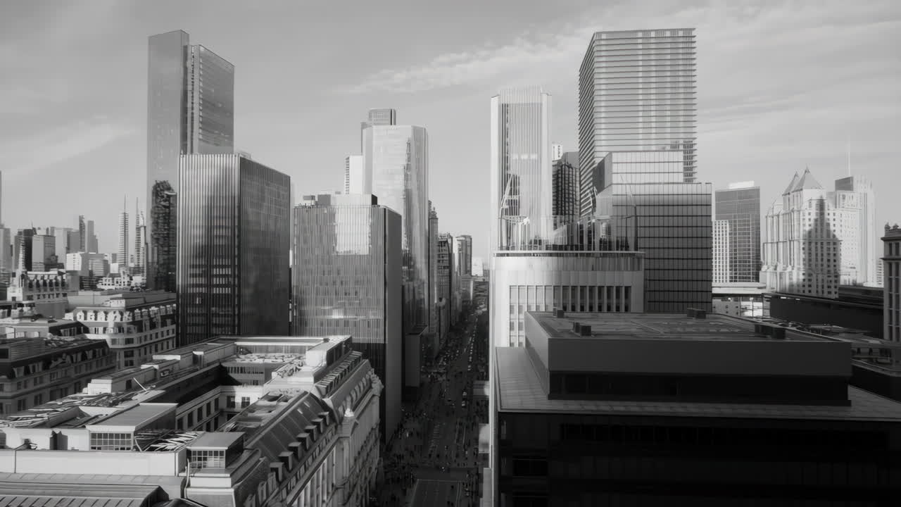 Paisaje urbano en blanco y negro con edificios altos