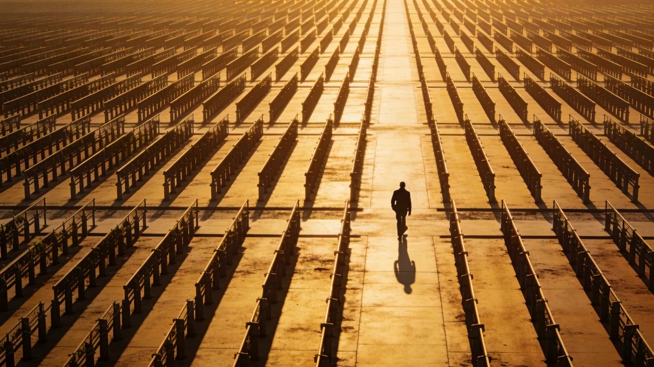 Stepping into central aisle on concrete, man in dark coat walking toward horizon with metal racks