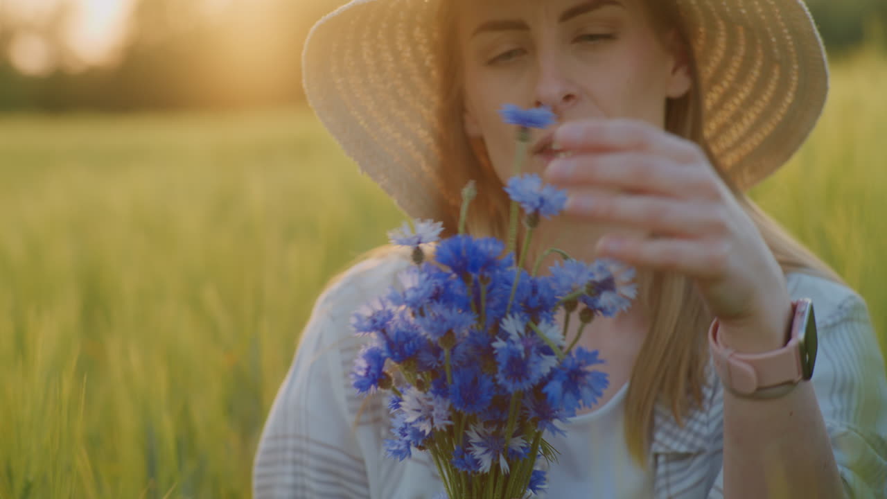 mujer disfrutando del olor de las flores silvestres frescas en la naturaleza