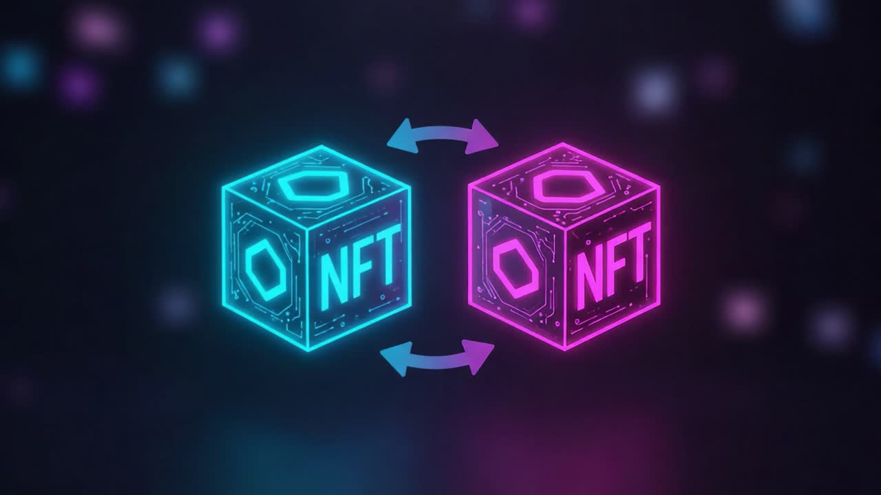 A Dynamic Visual Representation of NFT Exchange with Neon Cubes Signifying Digital Art and Ownership in a Futuristic Digital Environment