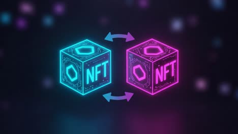 a dynamic visual representation of nft exchange with neon cubes signifying digital art and ownership in a futuristic digital environment