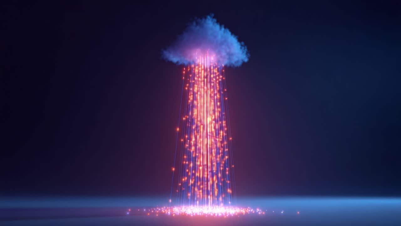 A Captivating Visualization of a Cloud Embodying a Glowing Rainfall of Light Particles, Offering a Mesmerizing Blend of Colors and a Modern Artistic Representation of Nature's Spectacle