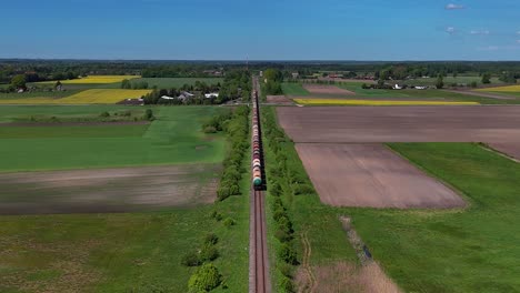 a russian freight train travels through the countryside in lithuania, aerial view