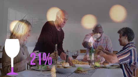 Animation-of-light-spots-over-diverse-group-of-seniors-eating