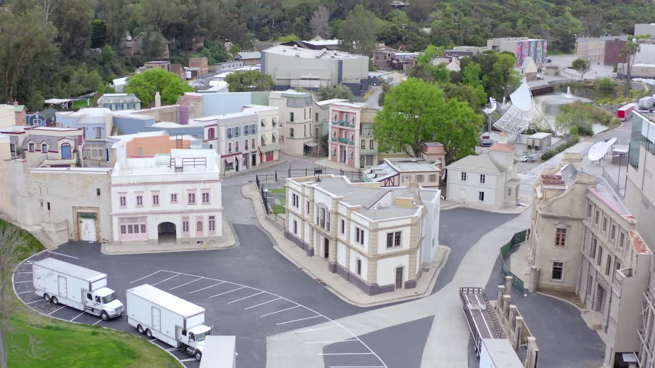 4K aerial of empty Universal Studios lot during COVID-19 outbreak.