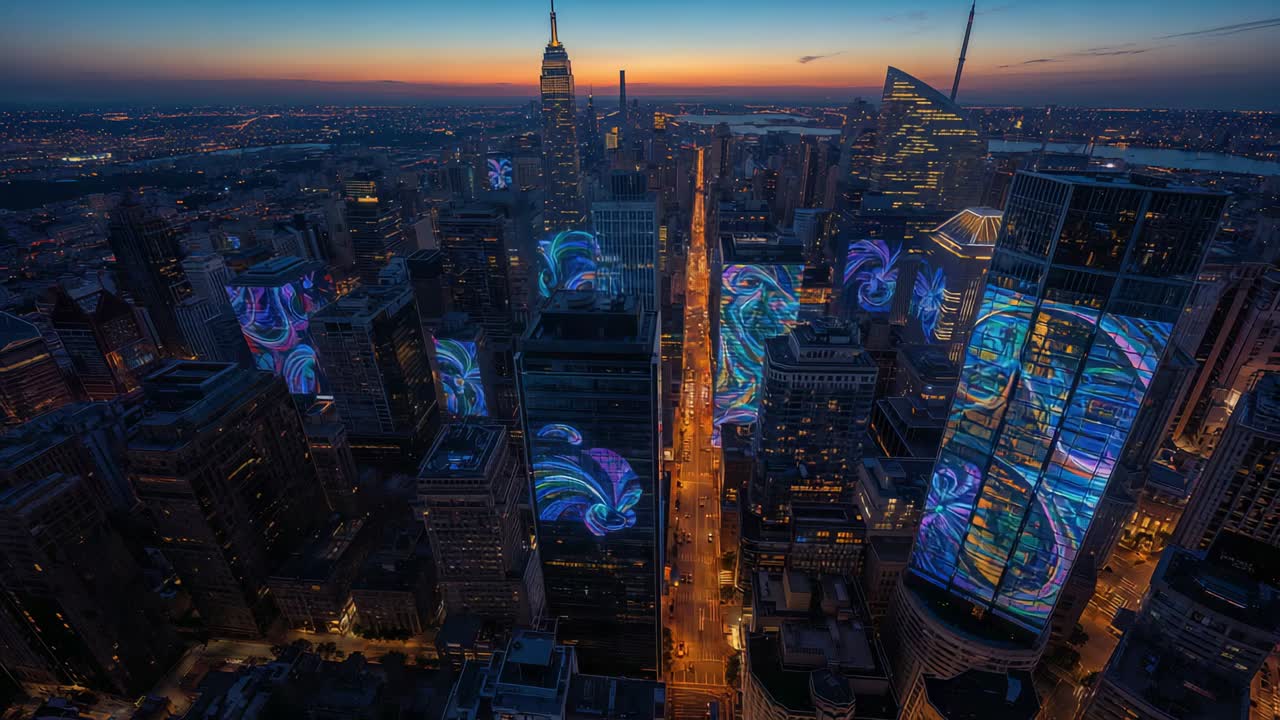 Animating city towers at dusk, spire and curved glass tower shifting blue panels lighting avenue