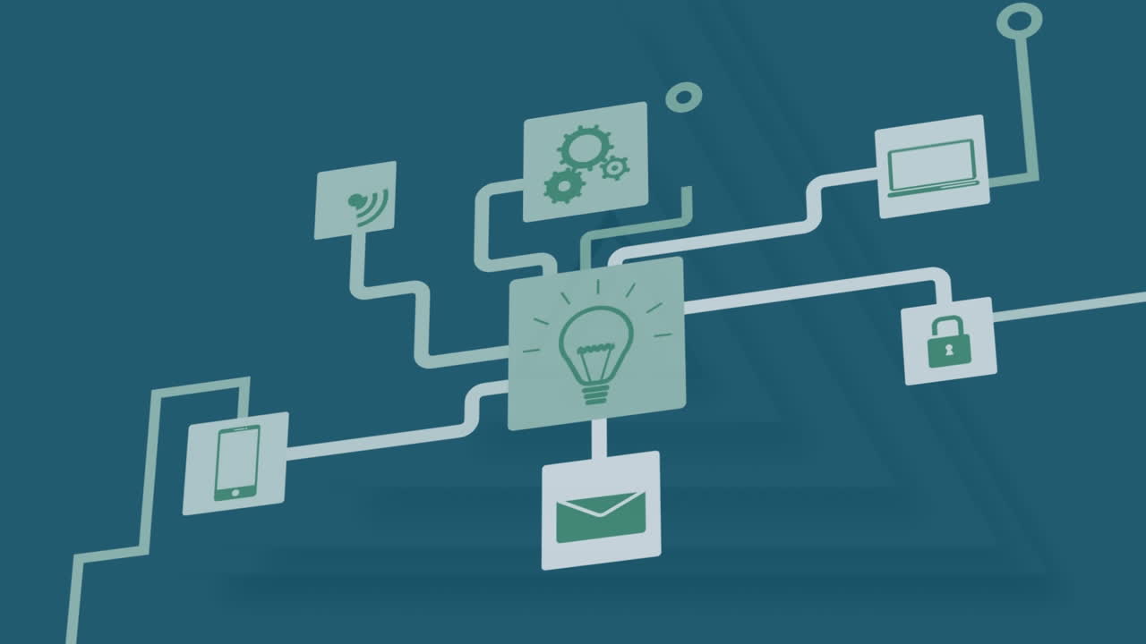 Animation of flow chart of multiple icons over triangles against blue background