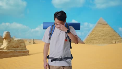 Tired Traveler in Front of Egyptian Pyramids