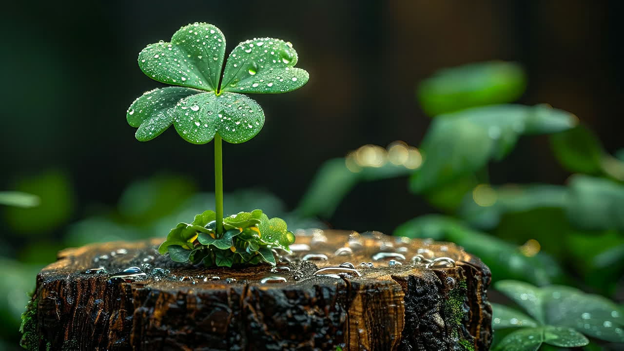 木の上にあるクローバーに水滴が乗っています。緑のクローバーの植物に水滴が落ち、他の緑の葉に囲まれた木の切り株の上にあります。