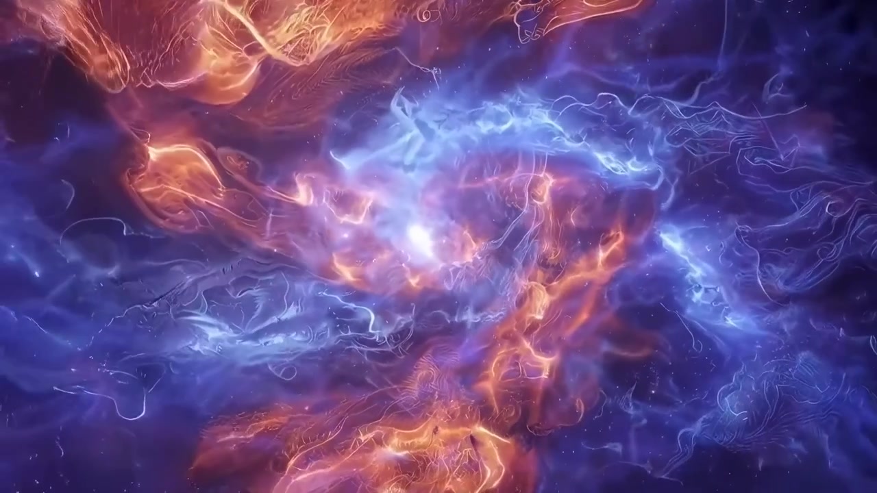 Abstracte kosmische nevel met wervelende blauwe en oranje energie
