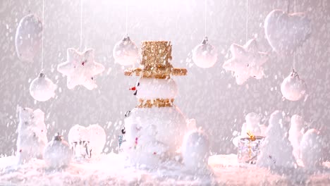 snow man on snow for new year or christmas holiday international. , in happy time, snow falling rotation 360 degree around view in loop able.