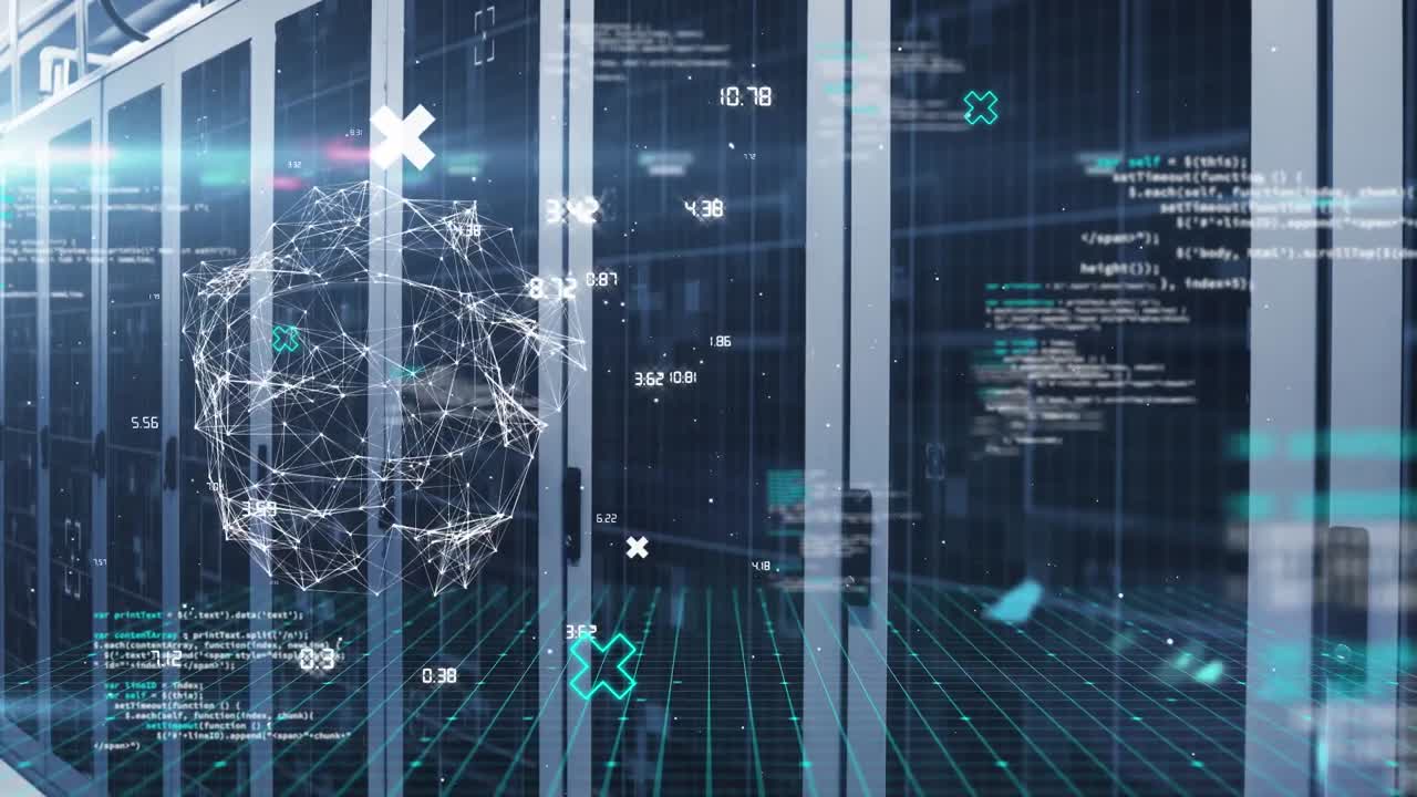 Animation of data processing and globe over server room