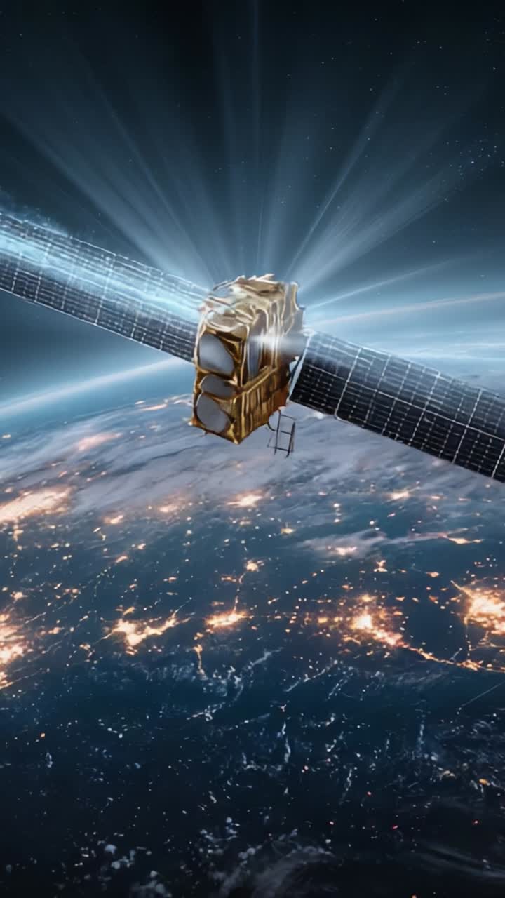 Et imponerende satellitkredsløb om Jorden, oplyst af skæret fra byens lys nedenfor, der viser vidunderne ved moderne rumteknologi og udforskning