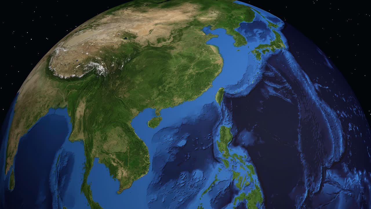 Un globo digitale ruota e zooma dallo spazio su Zhuhai, Cina, con una sovrapposizione di dati demografici.
