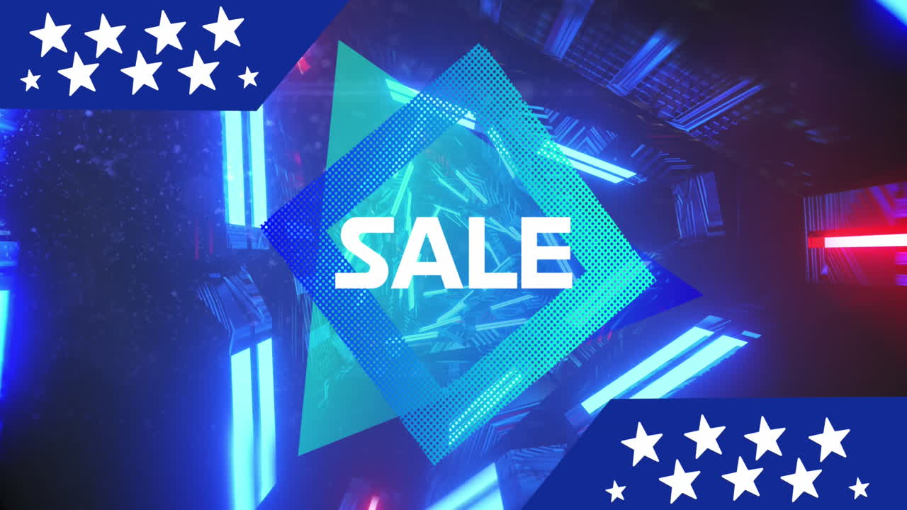 판매 텍스트 배너 및 스타 아이콘의 애니메이션 및 파란 빛나는 터널이 원활한 패턴으로 회전합니다.