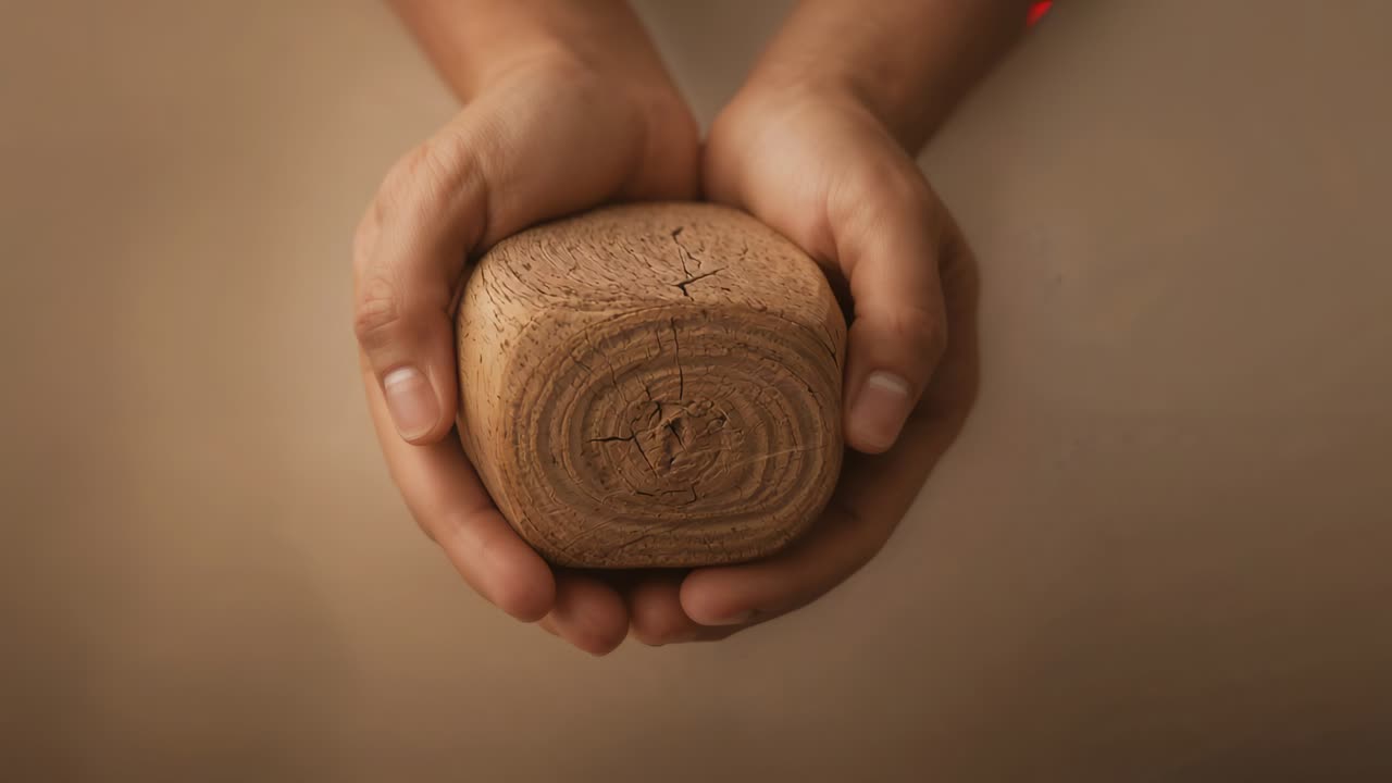 Avvio della fotocamera, mani che tengono un cubo di legno su un tavolo, che mostrano un campione di legno e un pennarello rosso