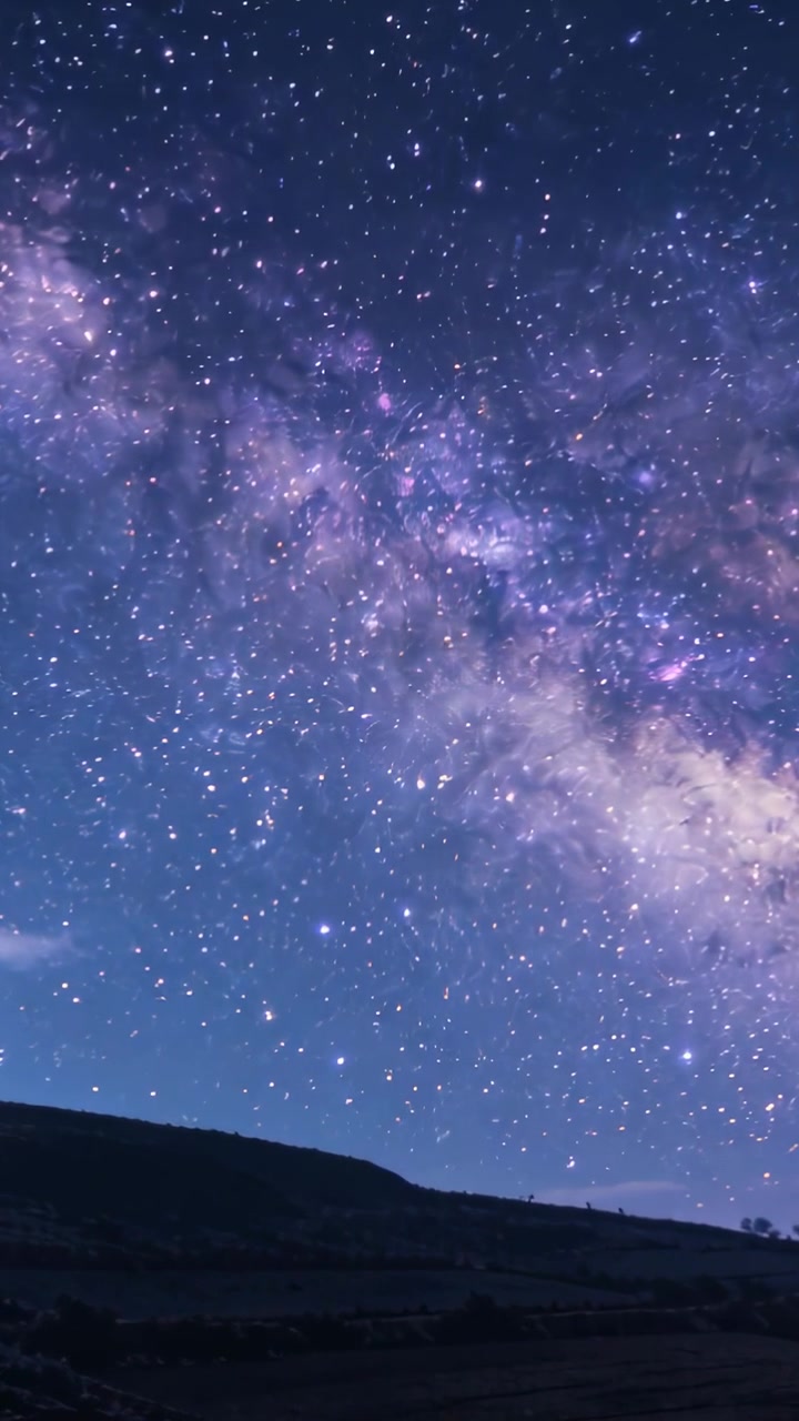 Video verticale: Avviando il timer, la fascia della Via Lattea si muove con un campo stellare sopra colline scure e nuvole basse.