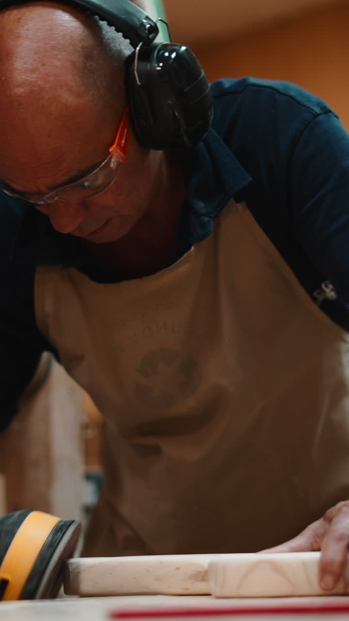 Focused Carpenter Sanding Wood with an Orbital Sander in Workshop