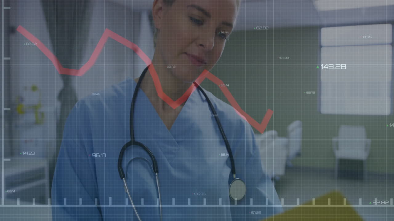 Enfermera con estetoscopio examinando datos de pacientes en una sala de clínica, mostrando una superposición de gráfico de líneas rojo