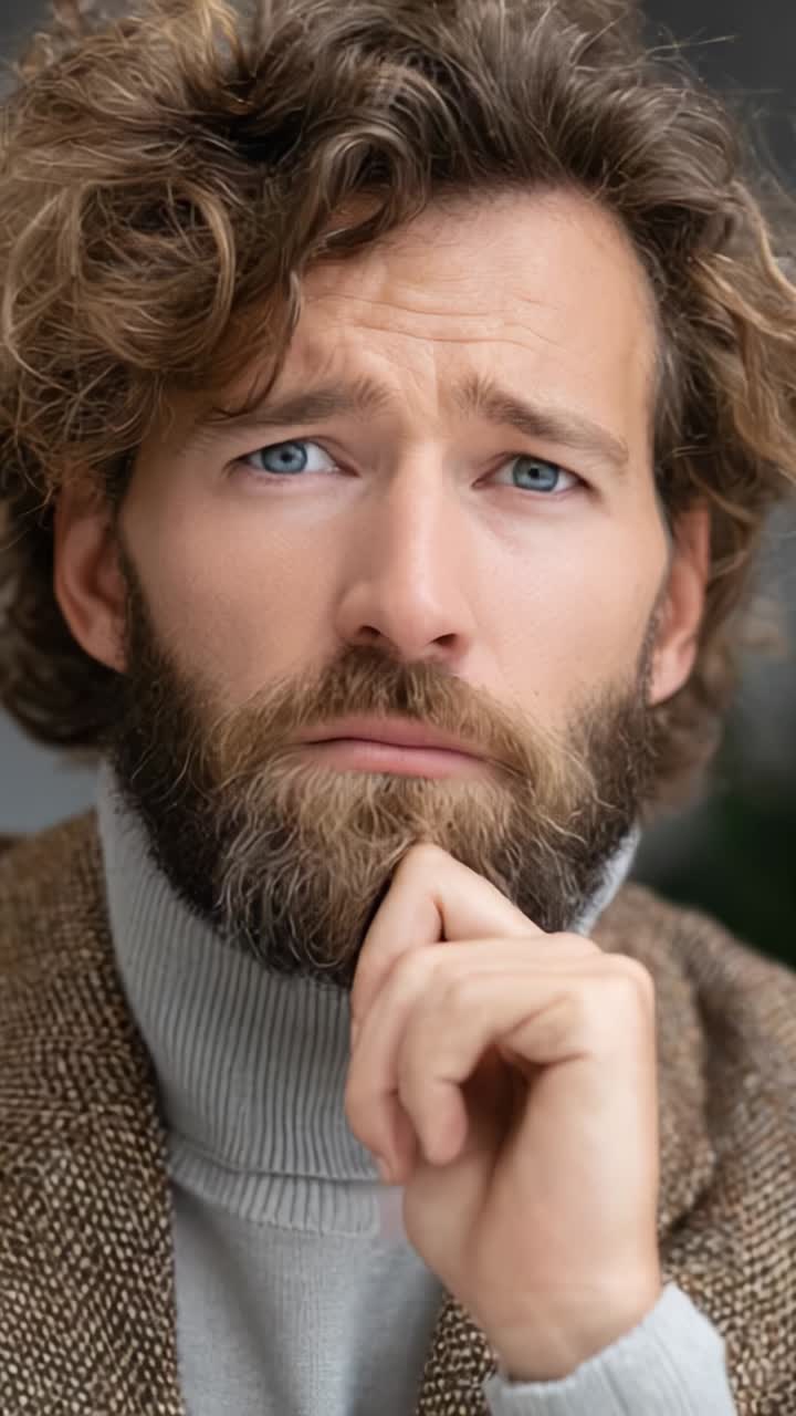 Thoughtful man contemplating life with a pensive expression, showcasing deep emotion and introspection, captured in two frames highlighting his intricate facial features