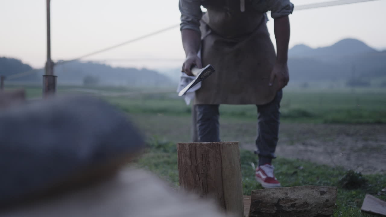 Man Chopping Wood in a Rural Setting