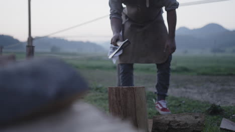 man chopping wood in a rural setting