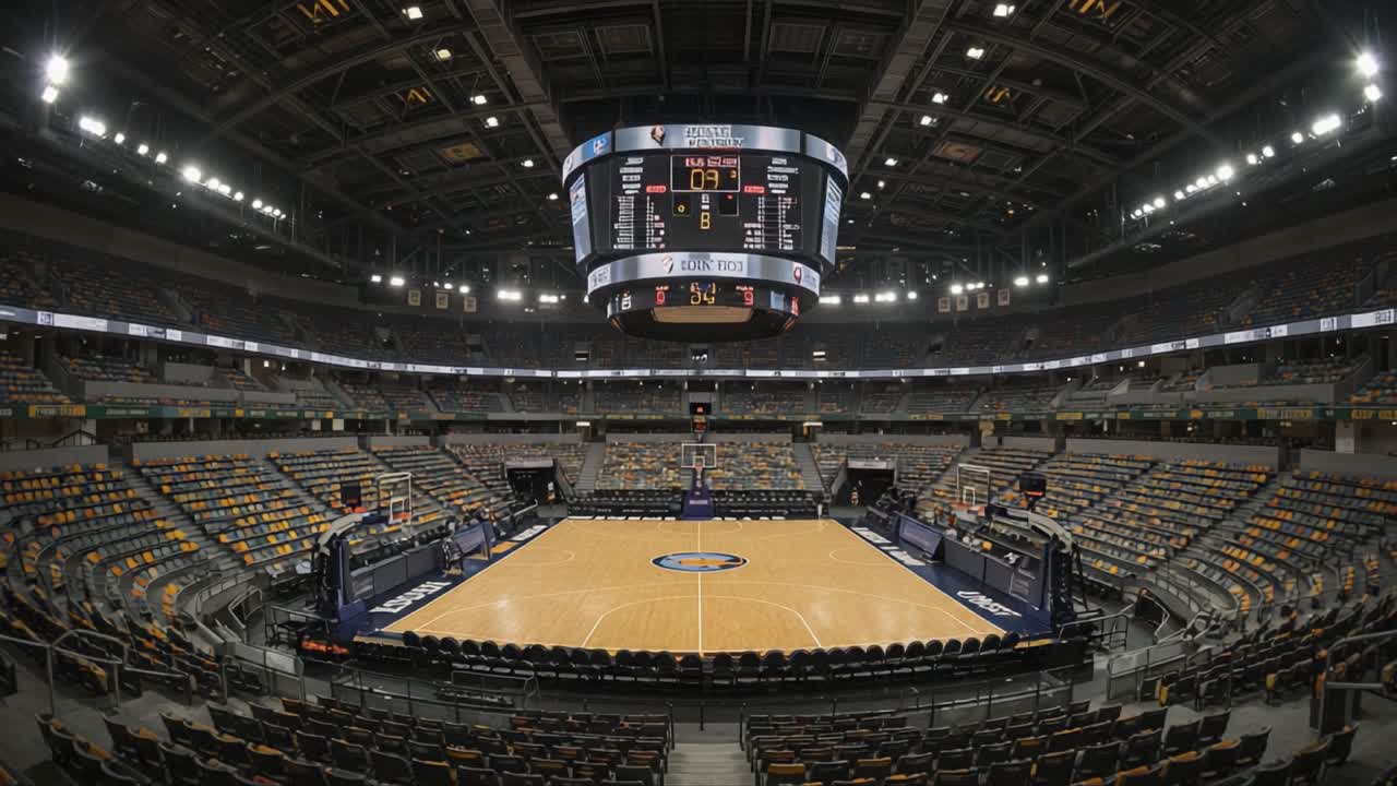 Exciting Final Moments of a Basketball Game in an Empty Arena Captured in Two Frames, Showcasing the Scoreboard and Court Details as Tension Builds