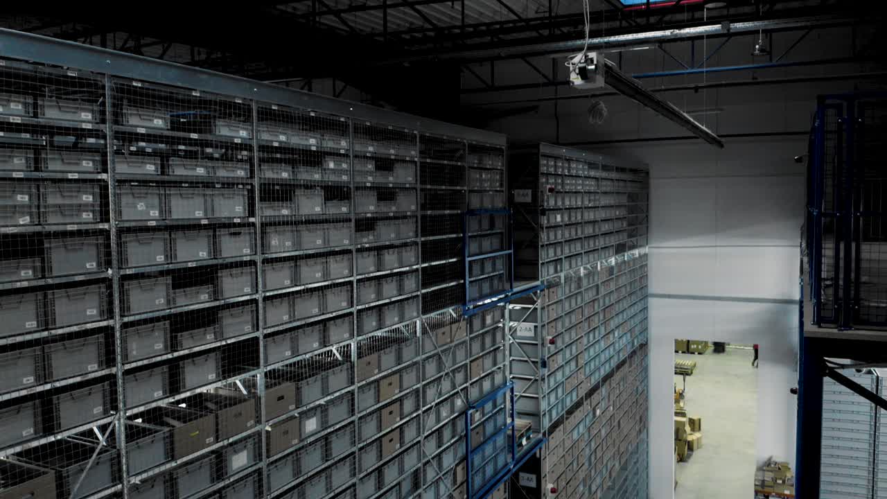 Lots of shelve storage options at industrial storage warehouse; drone reveal