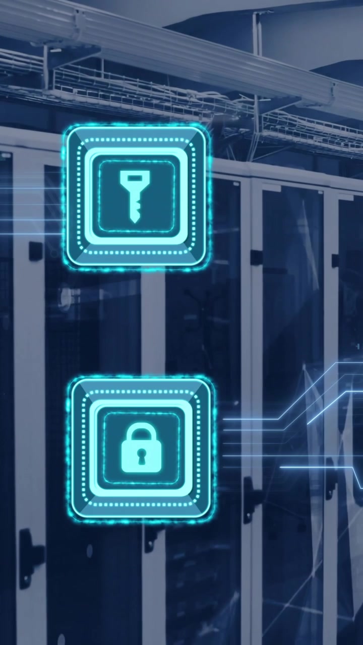 Animation of digital data processing, padlock and key icons, circuit board and computer servers