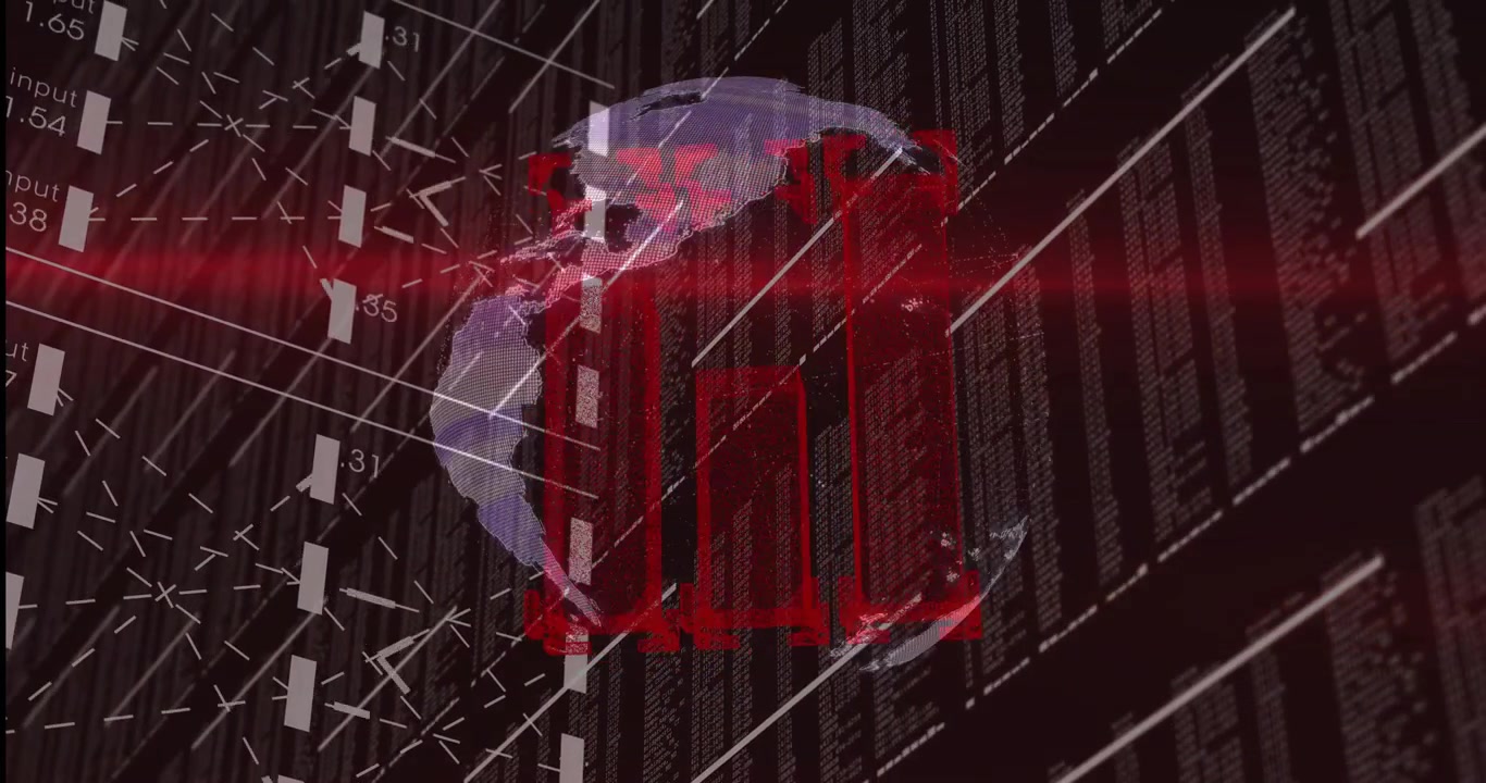 Rotating globe undergoing red vertical scan, revealing scrolling number columns for tech analysis