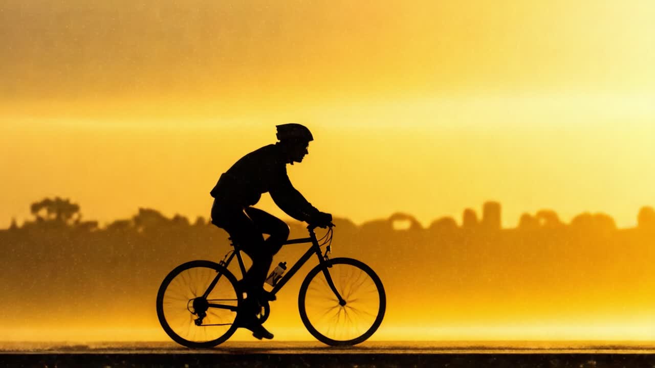 A Cyclist Riding Through the Misty Horizon at Sunset, Capturing the Beauty of Nature and Adventure in a Serene, Golden Glow