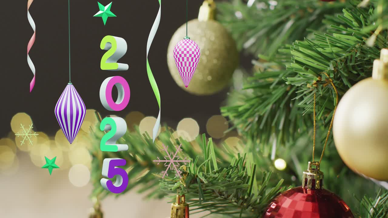 animación de texto de 2025 y decoraciones navideñas en el fondo