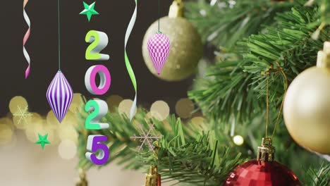 Animation-of-2025-text-and-christmas-decorations-in-background