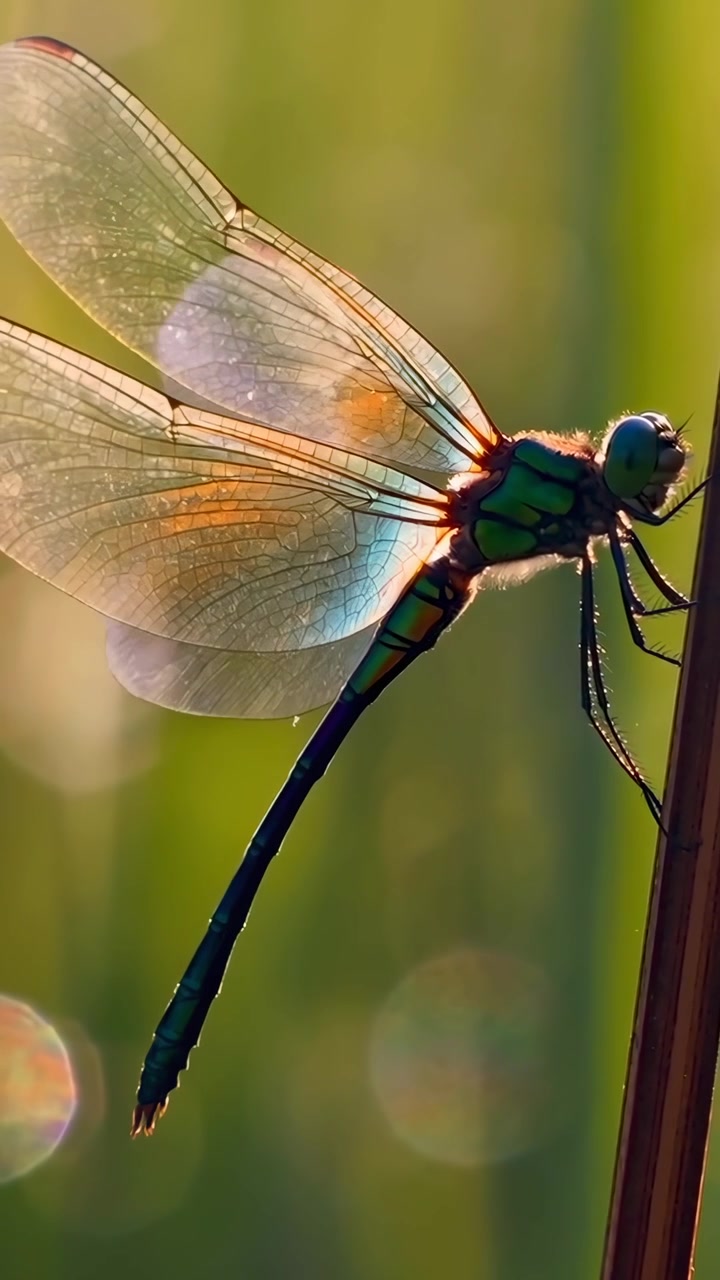 Prossimo piano di una libellula che si poggia sul gambo di una pianta
