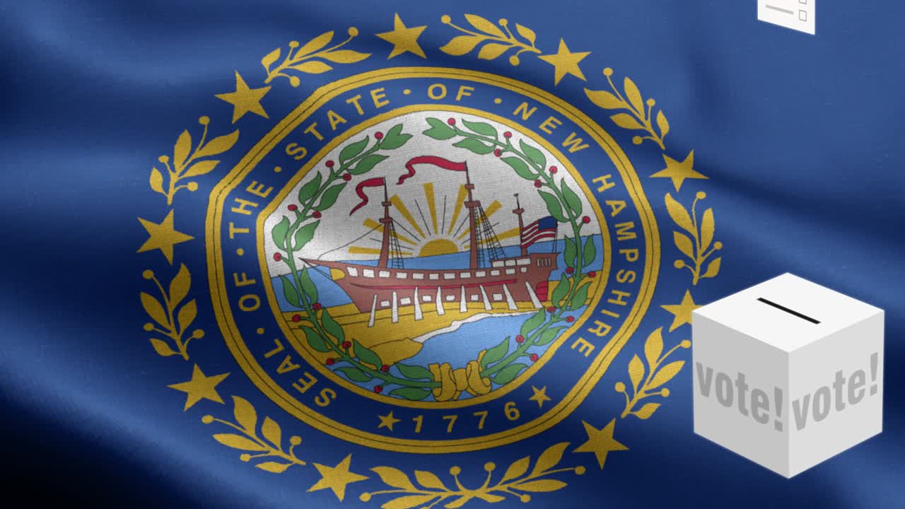 뉴햄프셔 주 - 투표용지가 새햄프셔 선택을 위해 상자에 날아갑니다 - 발 앞의 투표용지 - 선거 - 투표 - 국기 뉴햄퍼셔 주 파동 패턴 루프 가능한 요소 - 직물 질감과 끝없는 루프