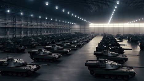 rows of military tanks stored in a large hangar
