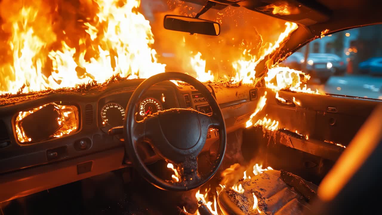 한 차가 차의 대시보드에 불꽃으로 싸여 있습니다.