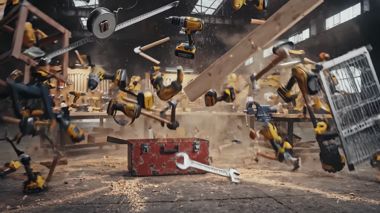 Red Toolbox Explodes to Create a Fully Equipped Industrial Workshop