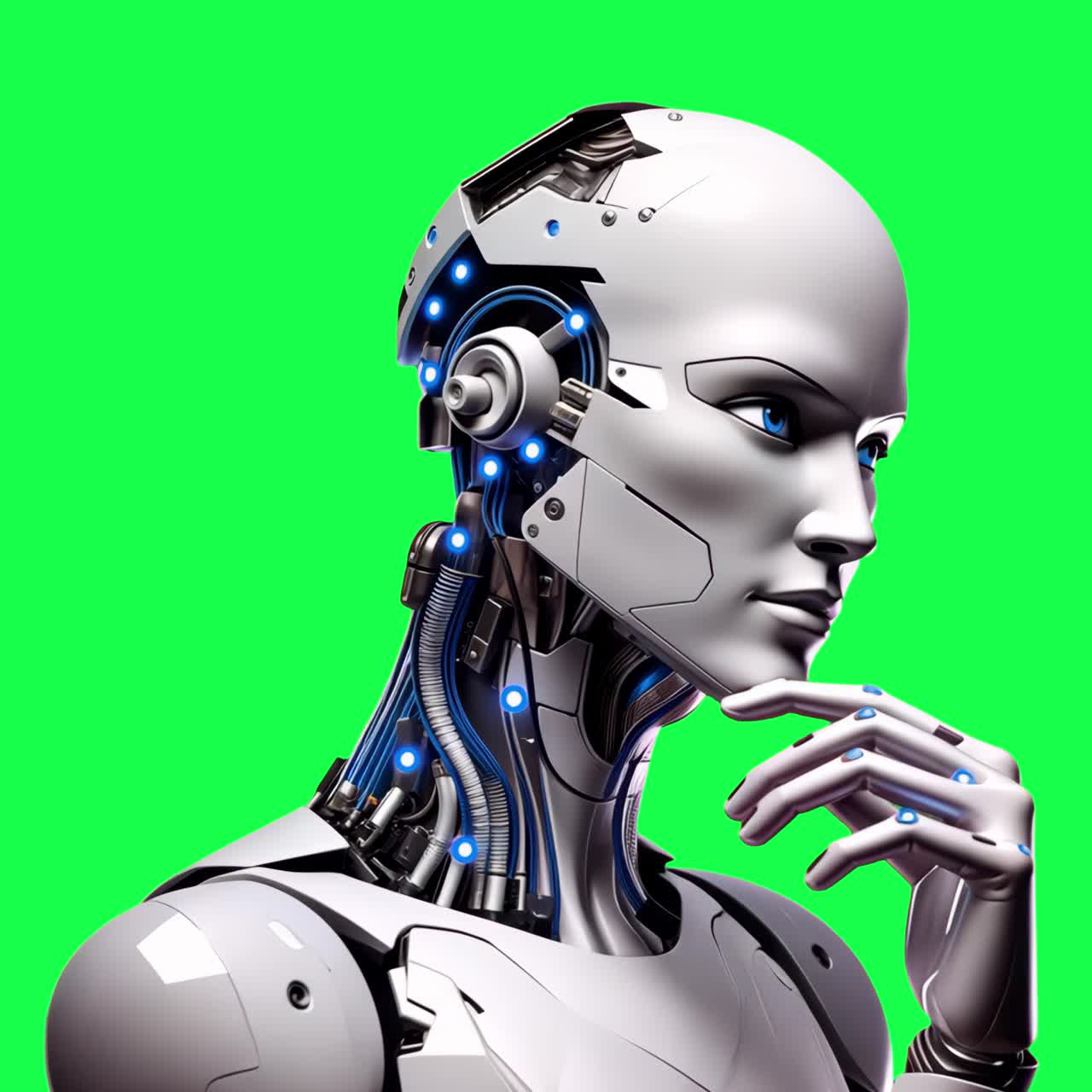 Futuristic robot contemplating technology animation, transparent 4K video, green screen