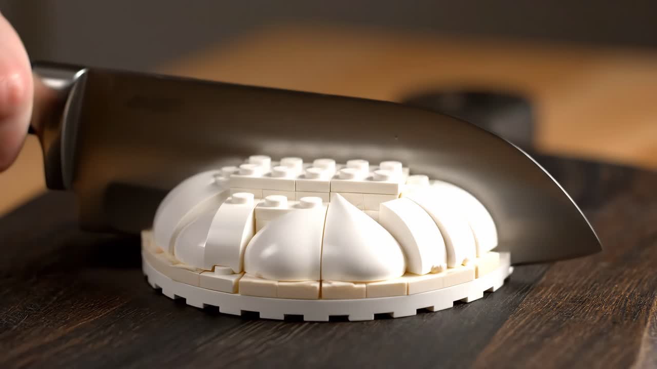 LEGO cake being cut with a knife