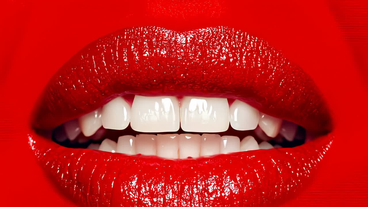 Extreme close up of woman wearing bright red lipstick. High detail macro shot of open female lips with red glossy lipstick and white teeth on a red background