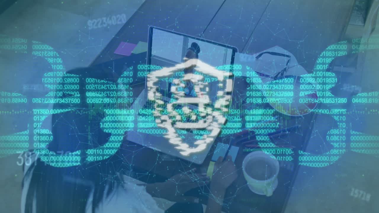 Animation of data processing and security padlock over woman using laptop