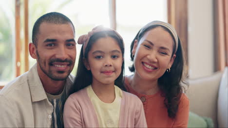 love, parents or daughter on sofa with smile