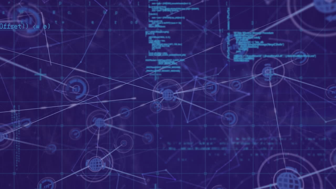 animación de la red de iconos digitales y procesamiento de datos sobre la red de cuadrícula contra un fondo azul