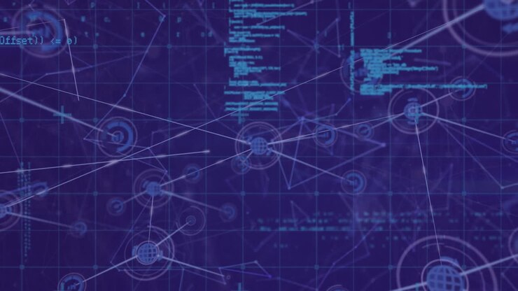 Animation of network of digital icons and data processing over grid network against blue background