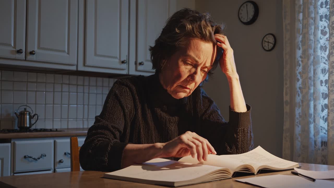 A thoughtful woman reads at a kitchen table, captured in a low-angle shot
