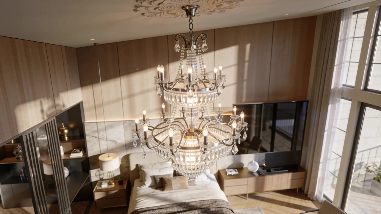 Descending camera revealing crystal chandelier above bed in main bedroom, highlighting balcony view