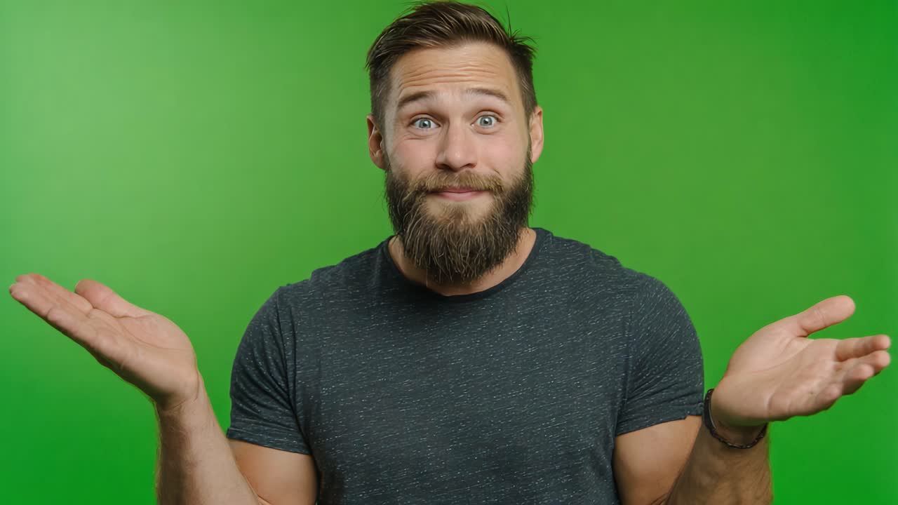 A confused young man with a beard and casual attire gestures with open palms in front of a bright green background, expressing uncertainty and seeking clarity