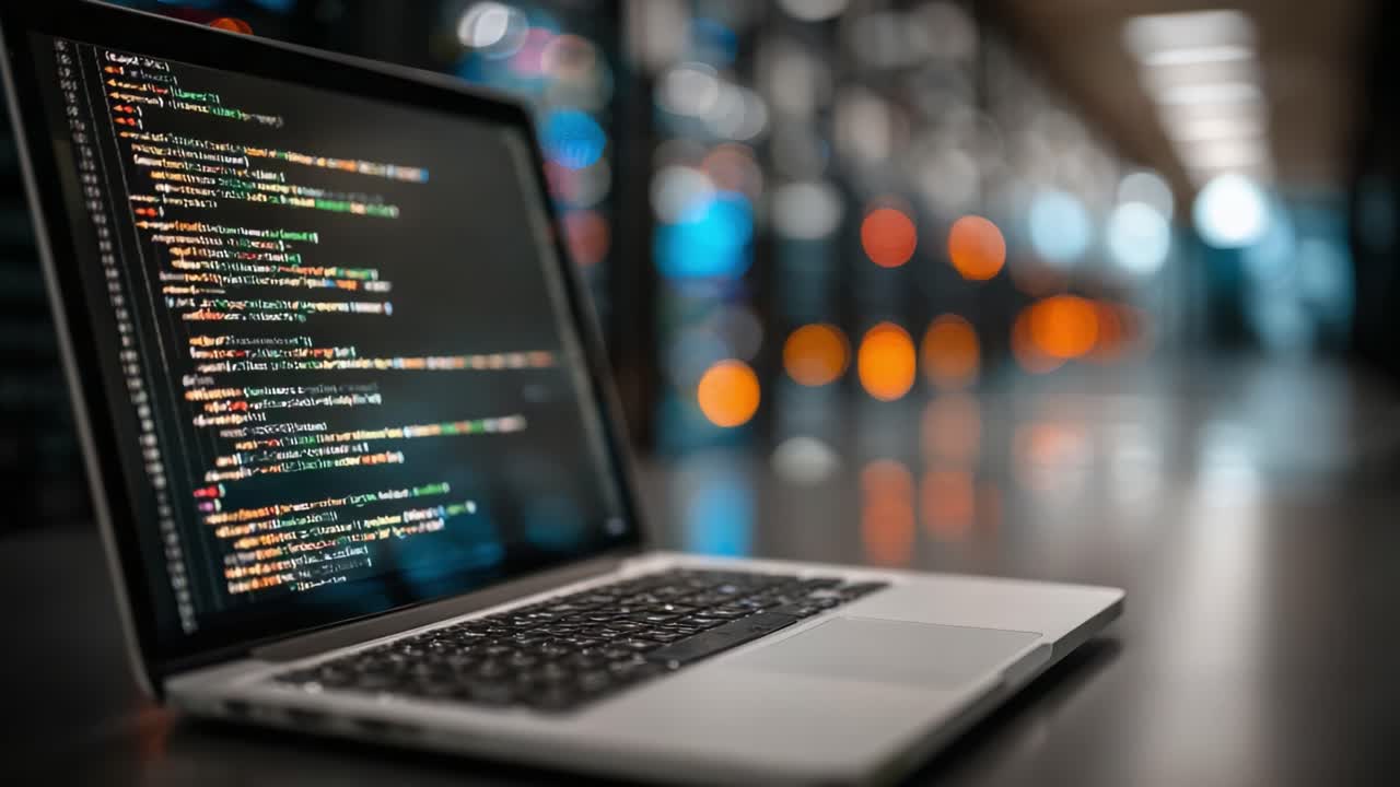 A sleek laptop displaying intricate code in a server room, surrounded by vibrant lights, showcasing the fusion of technology and programming in a digital workspace environment